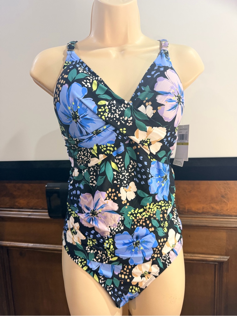 NWT SIZE 14 Jantzen Black Floral One-Piece Swimsuit with Blue & Pink Flowers